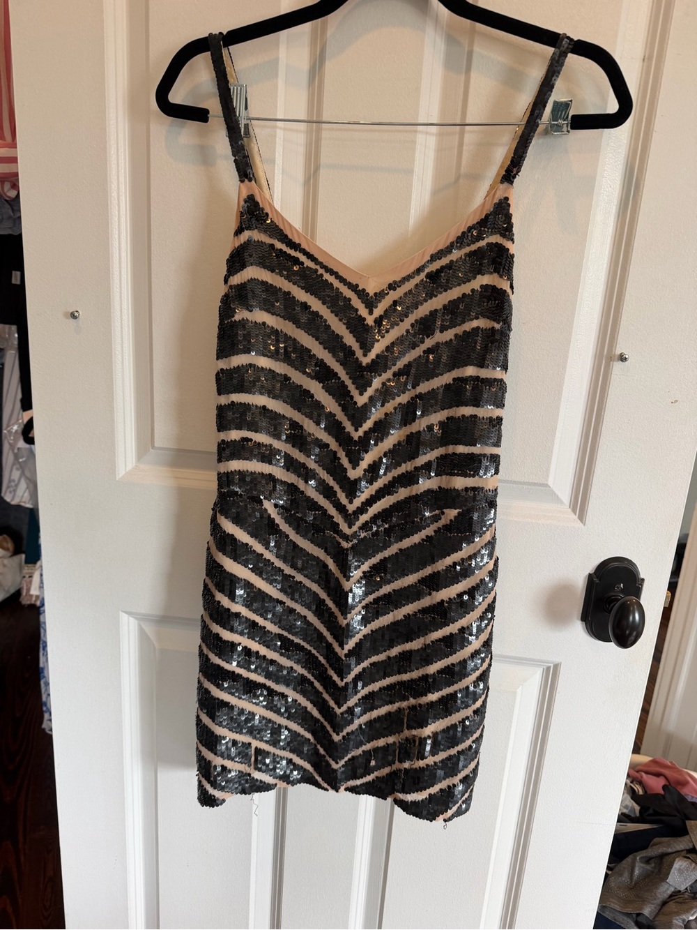 Parker Black and Nude Sequin Chevron Mini Dress